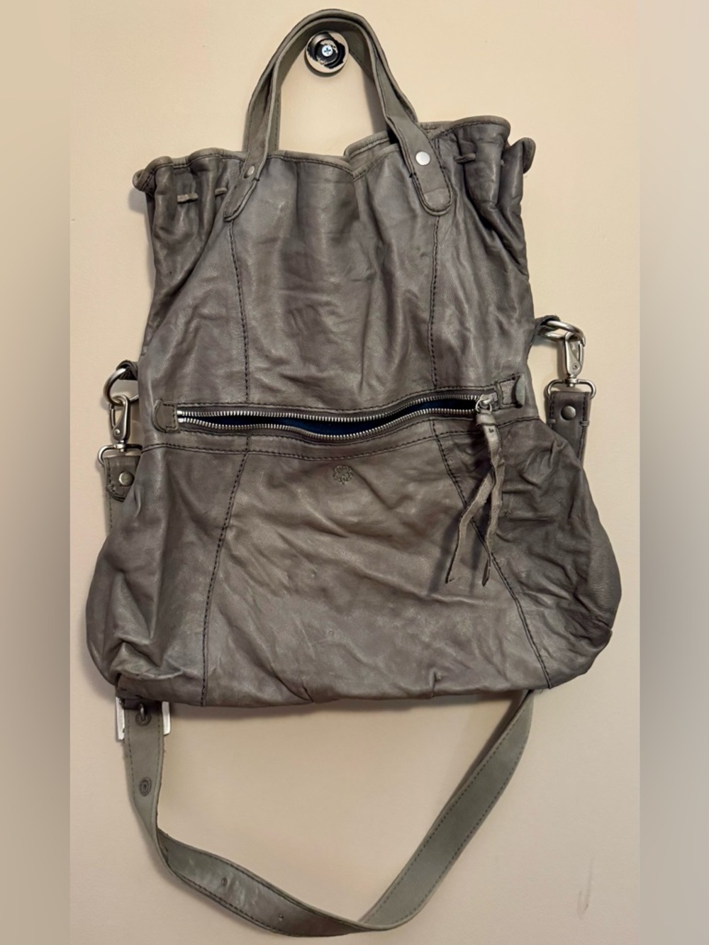 Lucky Brand Gray Leather Crossbody Tote with Front Zip Pocket